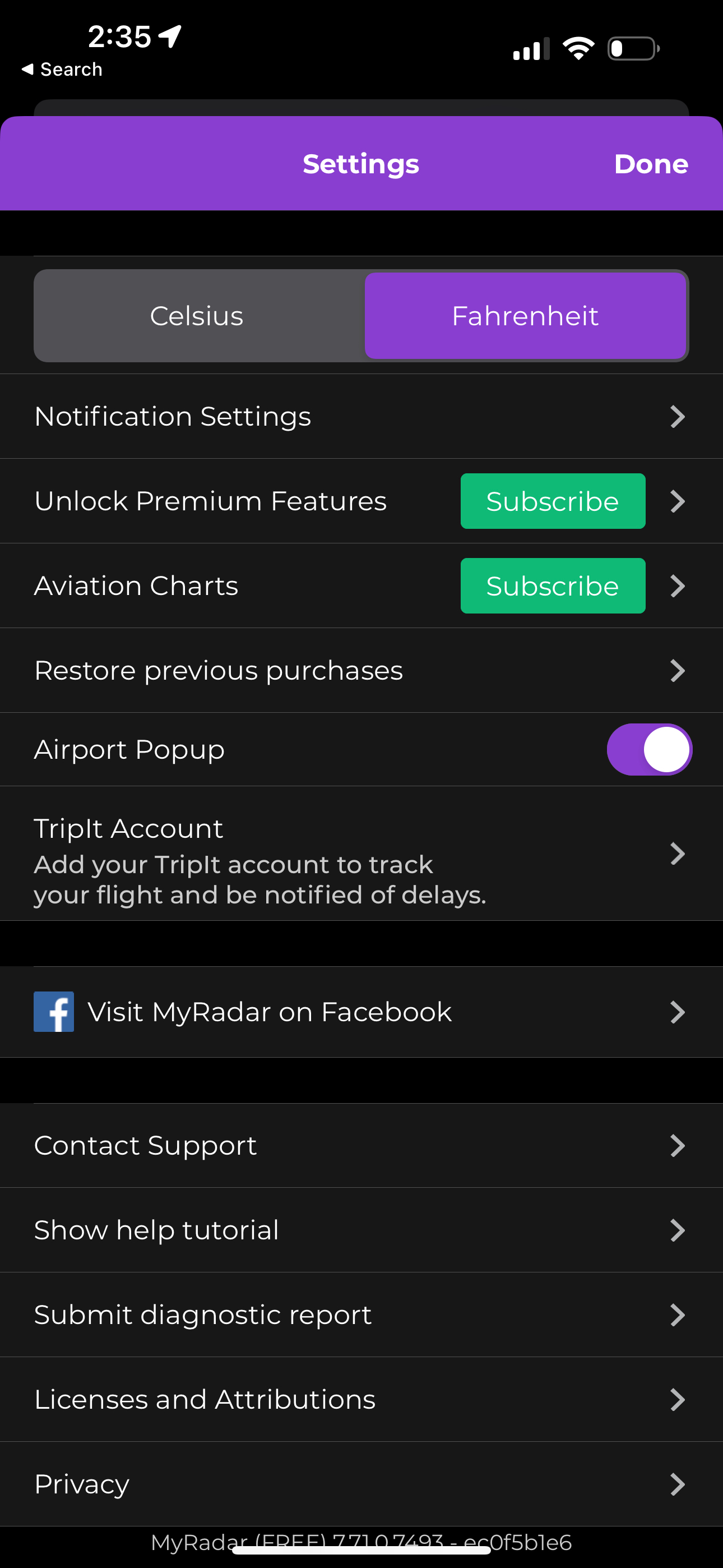 myradar settings screenshot